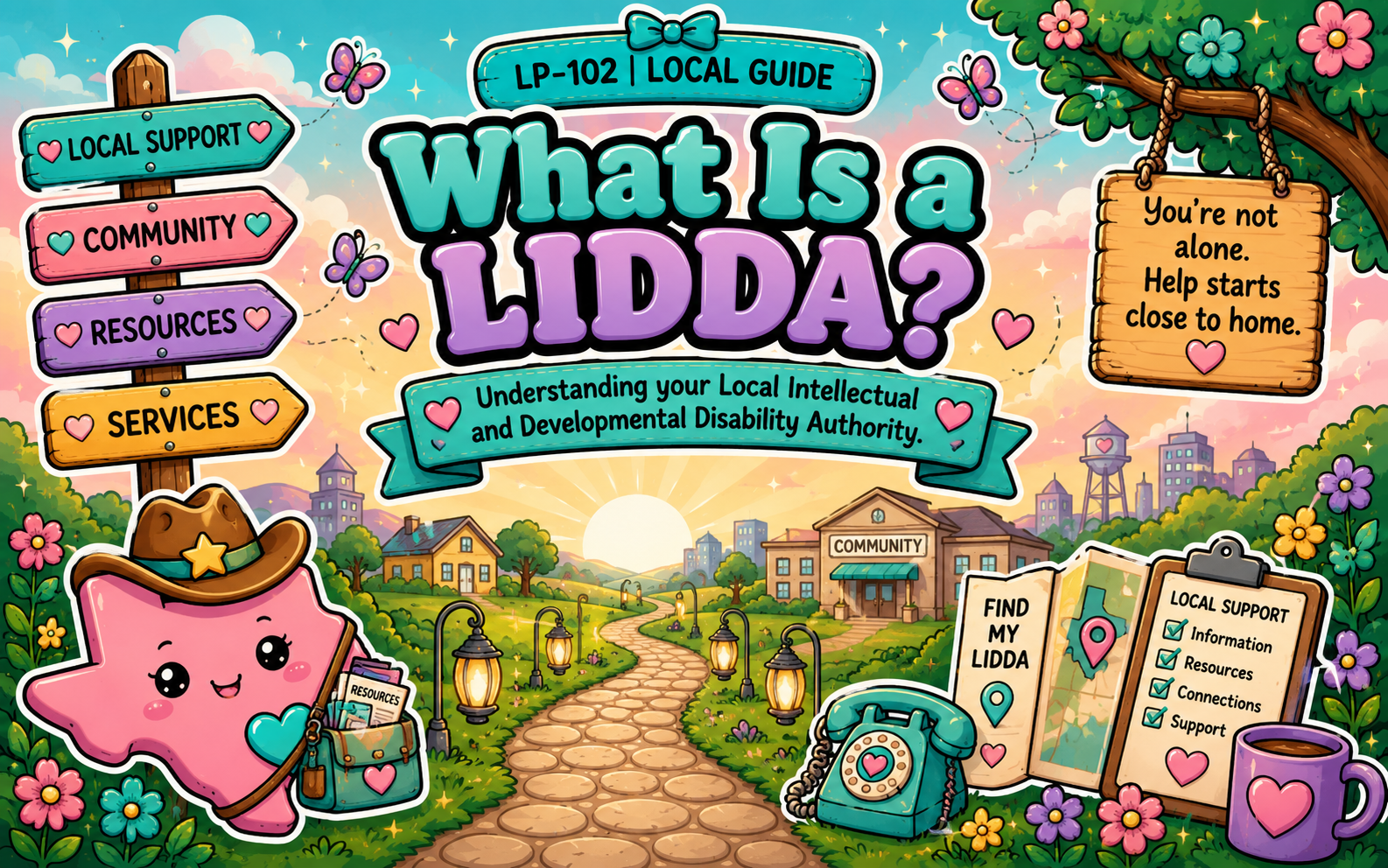 A wide, full-canvas cartoon illustration in a warm, whimsical storybook style for a Texas disability services guide. Show the ENTIRE scene edge to edge with NO cropping. Left side: a cute wooden signpost with directional signs reading "LOCAL SUPPORT", "COMMUNITY", "GUIDANCE", and "SERVICES" with small heart icons — fully visible. Center: large bubbly pink and purple title text reading "What Is a LIDDA?" with a ribbon banner below reading "Your local guide to Texas IDD services." Right side: a hanging wooden sign reading "You're not alone in this. ♡" — fully visible. Bottom center: a kawaii pink Texas state character with a cowboy hat holding a glowing lantern. Background: warm sunrise over Texas hill country with lanterns lining a winding path, soft pastel clouds, sparkle stars, butterflies, wildflowers in pink purple teal and yellow. Top label badge reads "LP-102 | FOUNDATION GUIDE" in a teal rounded rectangle. Pastel dreamlike sky, cheerful kawaii aesthetic, high resolution, wide landscape format, all elements comfortably spaced with balanced margins, nothing cut off.