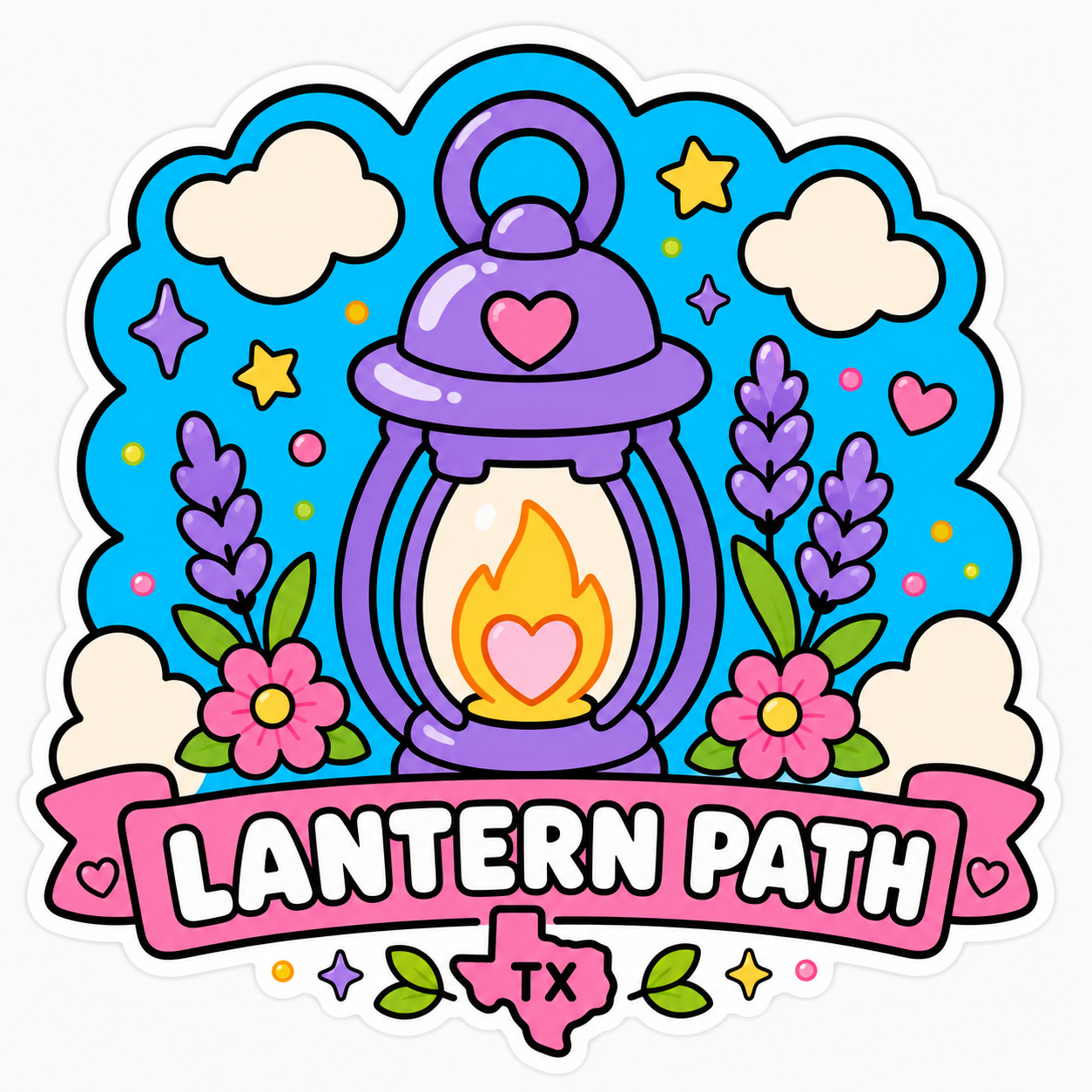 A cute pink character surrounded by hearts, books, plants, and learning supplies