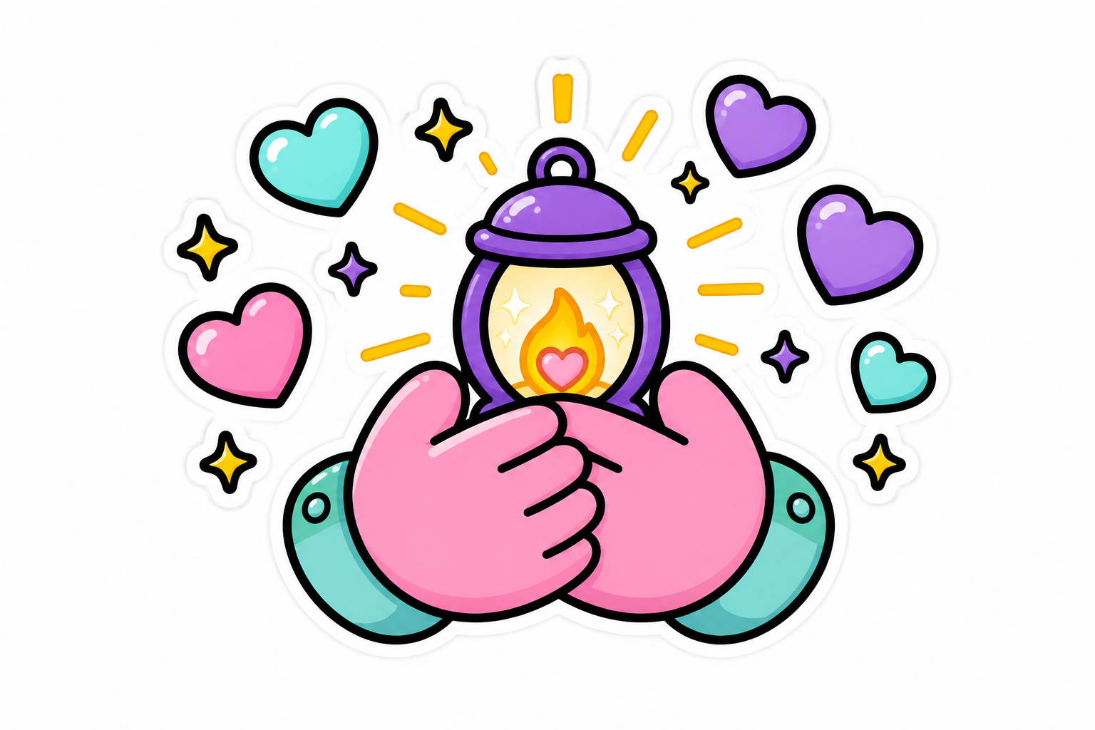Two rounded friendly hands gently holding a small glowing lantern together, surrounded by little hearts