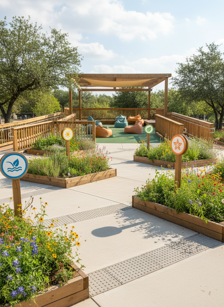 An outdoor sensory-friendly garden in a Texas community park, shown in bright photographic realism. Wide, smooth pathways wind between raised garden beds filled with native wildflowers and herbs, each bed marked by simple, color-coded symbols instead of text. A sturdy wooden pergola with shade cloth provides a quiet nook with soft beanbag-style cushions on a rubberized surface. The sky is clear, with midday sun softened by light clouds, creating even illumination and gentle shadows from nearby live oaks. The mood is playful, safe, and inclusive, emphasizing accessibility features like wide ramps and tactile paving. Captured at eye level with sharp focus throughout, celebrating community and calm connection with nature.
