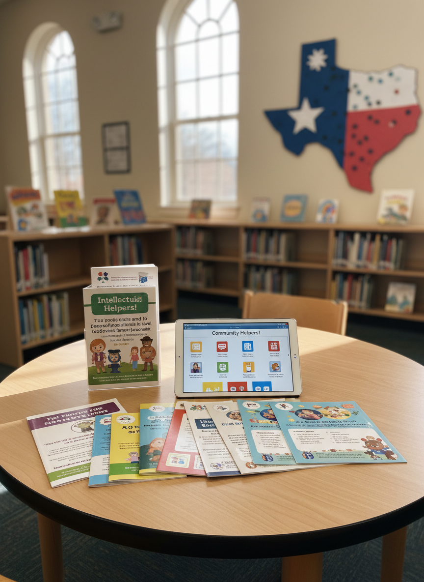 A warmly lit community resource table in a small Texas public library, photographed at eye level. Colorful, easy-to-read IDD information brochures and simple illustrated guides fan out across a smooth light-wood surface, alongside a tablet with a bright, friendly homepage open. In the background, slightly blurred shelves of children’s books and a large paper cutout of Texas create context without using text. Late-afternoon sunlight filters through high windows, casting soft highlights and gentle shadows. The mood is hopeful, welcoming, and playful yet calm, with photographic realism, vibrant colors, and a clean, uncluttered composition following the rule of thirds.