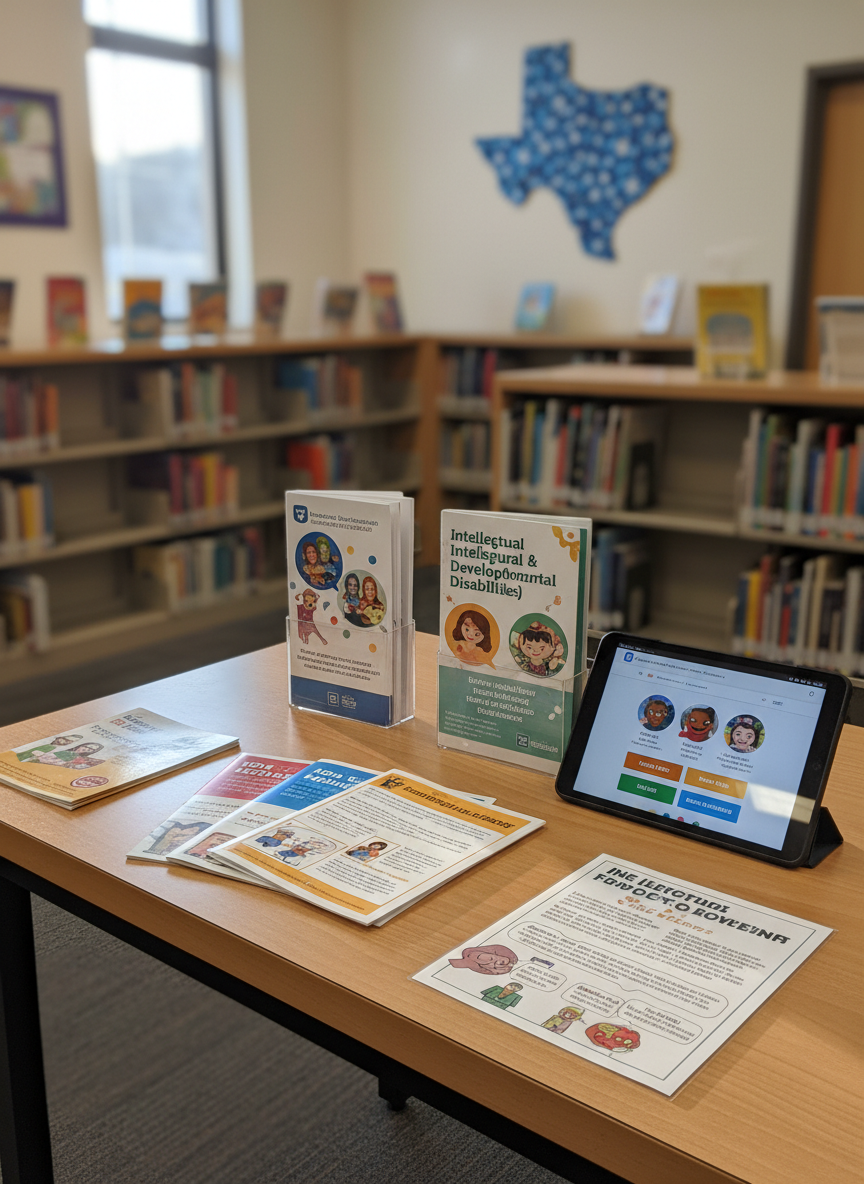 A warmly lit community resource table in a small Texas public library, photographed at eye level. Colorful, easy-to-read IDD information brochures and simple illustrated guides fan out across a smooth light-wood surface, alongside a tablet with a bright, friendly homepage open. In the background, slightly blurred shelves of children’s books and a large paper cutout of Texas create context without using text. Late-afternoon sunlight filters through high windows, casting soft highlights and gentle shadows. The mood is hopeful, welcoming, and playful yet calm, with photographic realism, vibrant colors, and a clean, uncluttered composition following the rule of thirds.