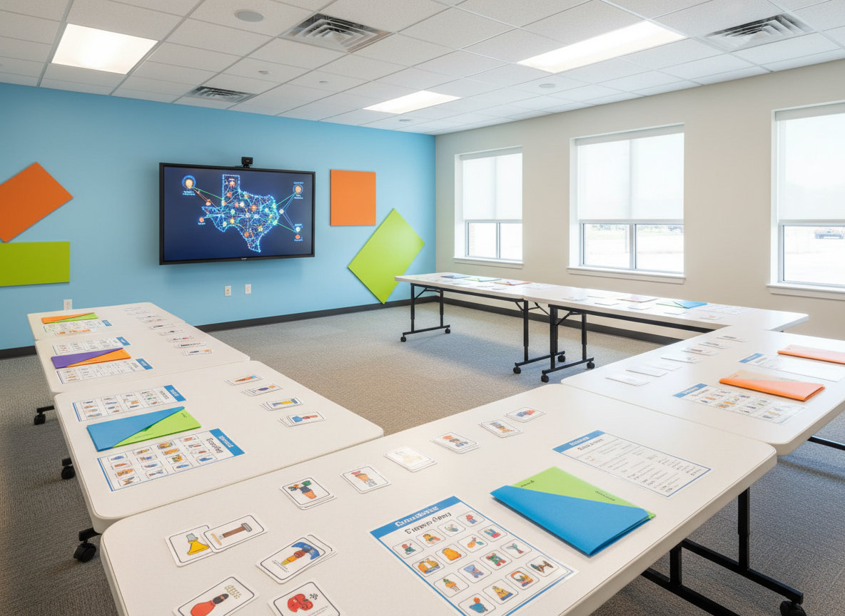 An inviting classroom-style workshop space in a Texas community center, designed for IDD family trainings, shown in bright photographic realism. Sturdy rectangular tables form a loose U-shape, each topped with large-print visual aids, color-coded folders, and simple pictogram cards spread neatly across smooth white surfaces. At the front, a large digital screen displays an abstract map of Texas made of interconnected dots and lines, symbolizing support networks, with no readable text. Soft overhead LED lighting and a side row of windows create balanced, even illumination. The walls are painted in gentle sky-blue with playful accent shapes in orange and green. Captured from a slightly elevated, wide-angle perspective, the room feels energetic yet approachable and uncluttered.