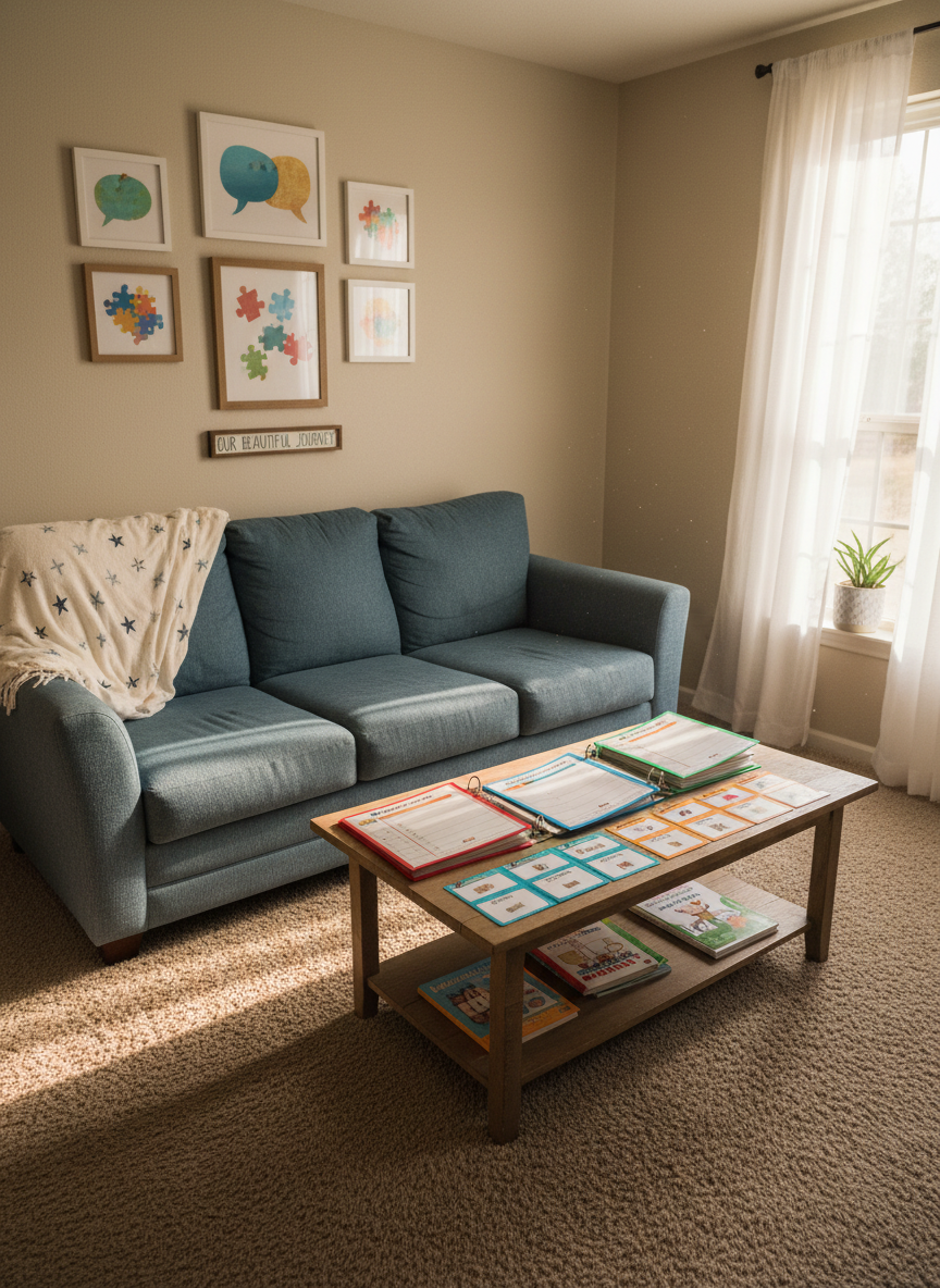 A cozy living room scene in a modest Texas home, captured in photographic realism. A well-worn denim-blue sofa faces a low wooden coffee table covered with simple visual schedules, picture cards, and color-coded binders for IDD supports. A soft cotton blanket with subtle star patterns is draped over the sofa’s arm. Sunlight pours in from a side window with light sheer curtains, creating a gentle, golden glow and soft shadows across the carpet. In the background, a wall display of framed abstract artwork shaped like speech bubbles and puzzle pieces hints at communication and neurodiversity. Shot from a slightly elevated angle with a relaxed, hopeful atmosphere.