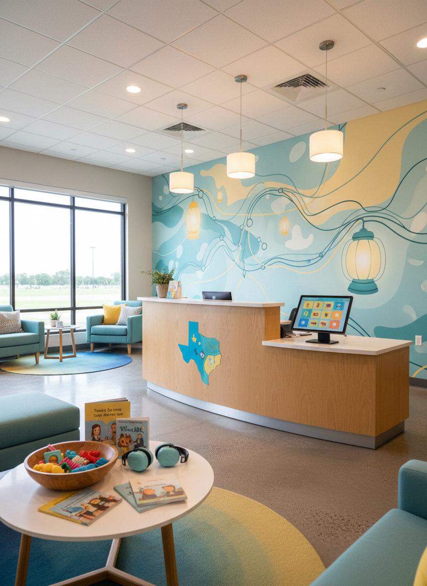 A modern, friendly resource center reception area designed for Texas families navigating IDD supports, photographed in a clean, contemporary style. A curved light-wood reception desk holds a tablet kiosk displaying large, colorful icons and a simple map of Texas. Nearby, a low round table offers fidget tools, noise-canceling headphones, and illustrated social stories, all neatly arranged. The space features soft teal and sunny yellow accents, with a large abstract mural suggesting interconnected pathways and lantern shapes on the wall. Soft overhead lighting and a large front window create a bright, diffused glow. Shot from a wide-angle, slightly elevated perspective, the scene feels approachable, organized, and hopeful, with no visible text or people.