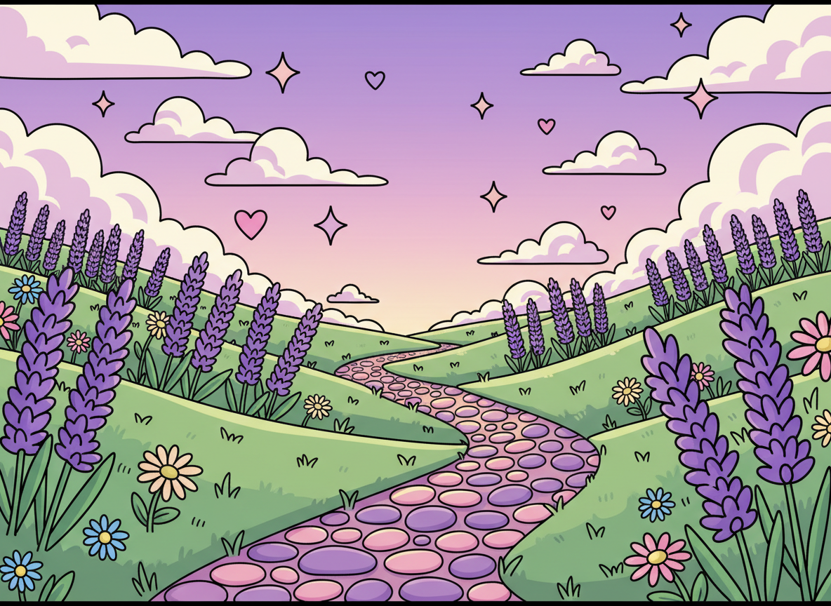 A wide panoramic banner illustration of a glowing golden cobblestone path stretching into the horizon, inspired by the Dragon Ball Z "Other World" afterlife path — soft glowing light, fluffy pink and lavender clouds on either side, pastel wildflowers and gentle green hills, sparkles and stars floating in the air, warm golden light emanating from the path. Art style is kawaii/cute illustration with thick outlines, pastel color palette of purple, pink, lavender, sage green, and cream. Wide cinematic crop, thin banner format.