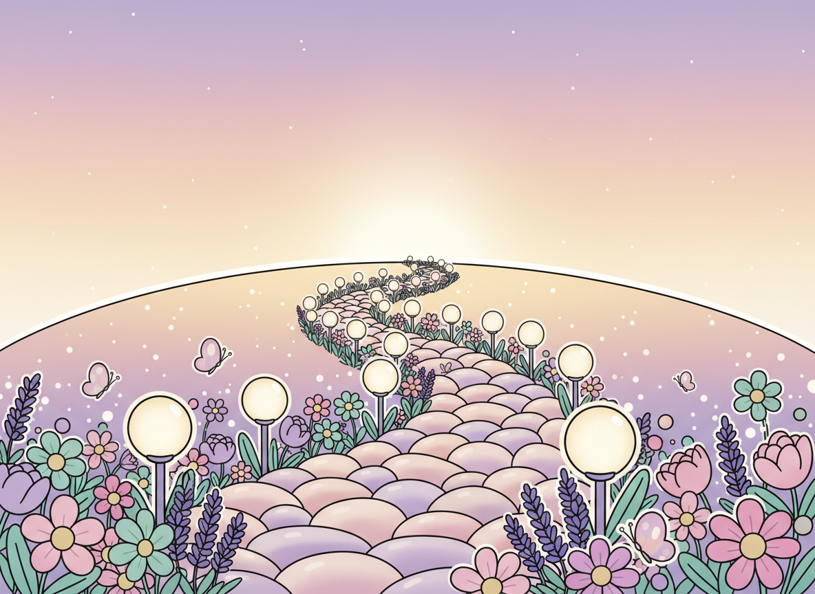 Cinematic sunset illustration with lantern-lit garden paths