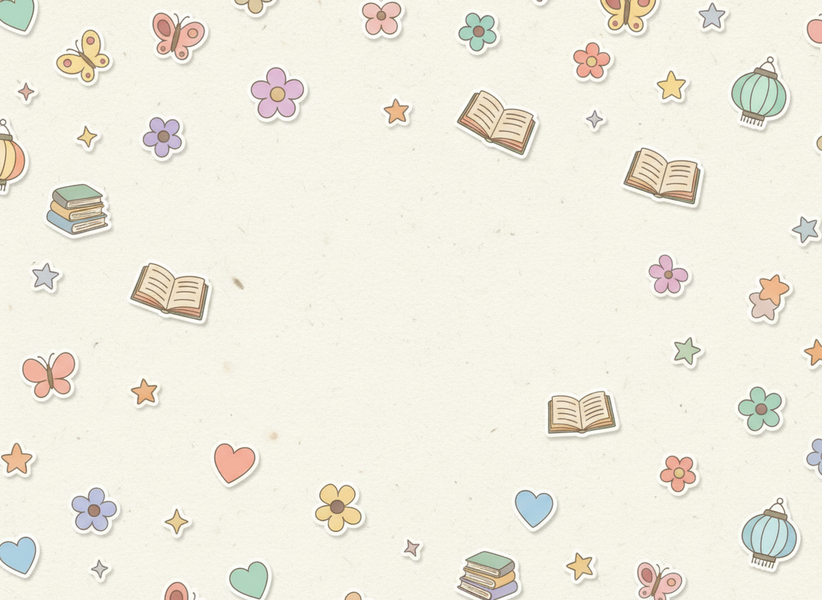 Cream scrapbook background with small pastel sticker-style doodles scattered organically and randomly