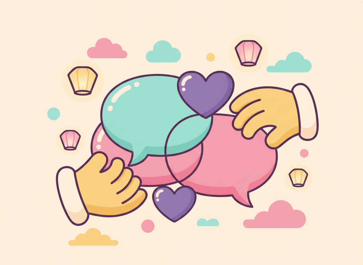 Warm kawaii flat vector illustration of cozy connection symbols — overlapping speech bubbles, a big heart, hands reaching toward each other, small glowing paper lanterns floating.