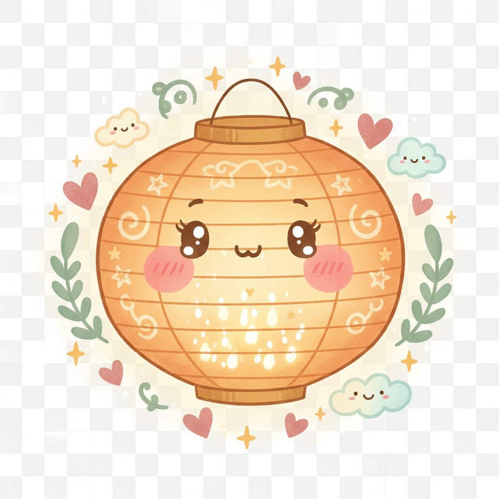 A warm, kawaii-style illustration of a glowing paper lantern with a soft golden light, surrounded by gentle stars, small hearts, and delicate leaves. Cute rosy cheeks on the lantern, giving it a friendly and comforting personality. Soft pastel colors — warm amber, sage green, and dusty rose. The overall feeling is hopeful, nurturing, and community-centered. Transparent or simple background.