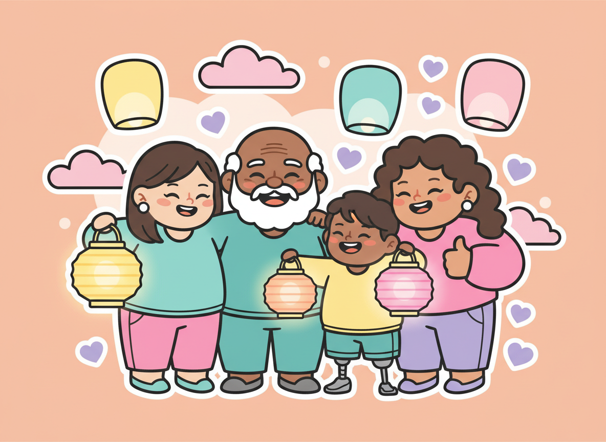Flat vector kawaii illustration of a small diverse group of friends — 3 or 4 people of different ages, ethnicities, and abilities — standing together happily in a cozy group. Some holding glowing paper lanterns, some with arms around each other. Thick dark outlines, soft pastel colors: peach background, teal, pink, yellow, lavender accents. Floating paper lanterns and small pink clouds in the background. Purple hearts scattered around. Same style as classic kawaii sticker illustration — chunky, rounded, warm, joyful. No text.