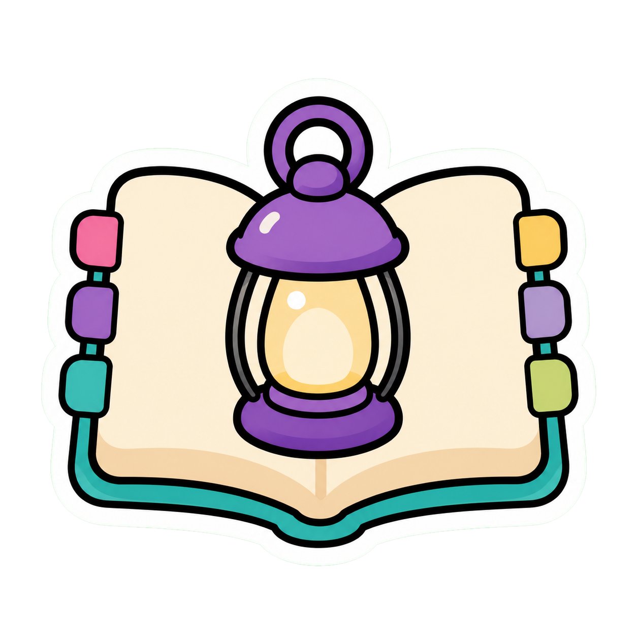 Lantern Path Start Here graphic — a purple lantern resting on an open book with colorful beads